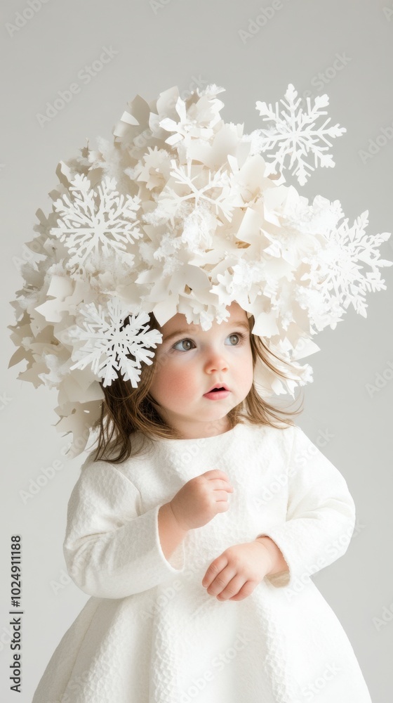 Toddler wearing a whimsical snowflake-themed headpiece and white dress, AI Toddler wearing a whimsical snowflake-themed headpiece and white dress, AI