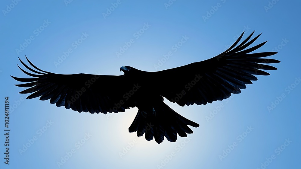 Silhouette of a flying eagle, wings spread wide, solid dark brown against a soft sky-blue gradient background, dynamic pose with sharp lines, clean and minimalistic design, Silhouette of a flying eagle, wings spread wide, solid dark brown against a soft sky-blue gradient background, dynamic pose with sharp lines, clean and minimalistic design,