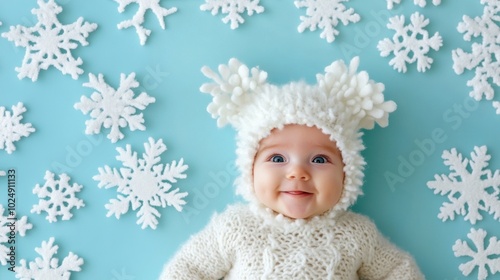 Adorable baby in a cozy knit outfit surrounded by snowflakes on a blue background, AI