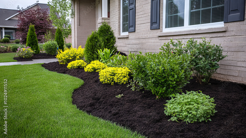Obraz premium A vibrant front yard garden featuring yellow flowers, green shrubs, dark mulch, and a manicured lawn, enhancing the home's exterior. 