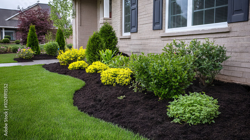 A vibrant front yard garden featuring yellow flowers, green shrubs, dark mulch, and a manicured lawn, enhancing the home's exterior. 