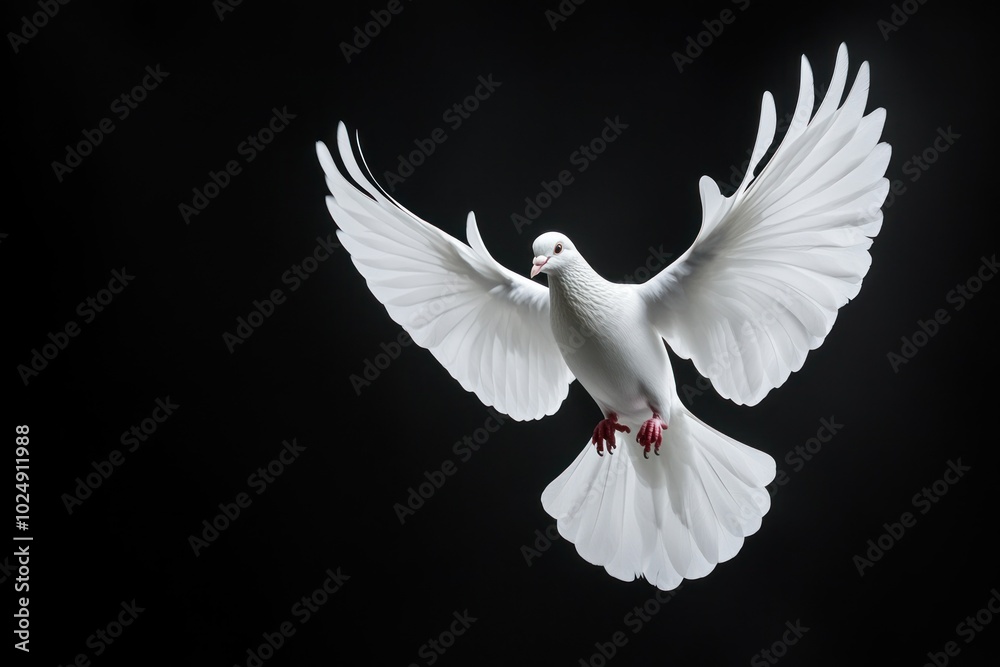 Fototapeta premium Graceful White Dove in Flight Against Dark Background