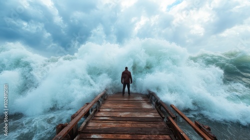 An individual stands boldly at a dock's end, facing a massive, looming ocean wave with a cloudy sky overhead, capturing a moment of strength amid turmoil. photo