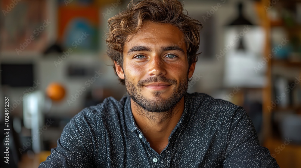 Smiling man with curly hair looking at the camera. He is wearing a blue shirt. Smiling man with curly hair looking at the camera. He is wearing a blue shirt.