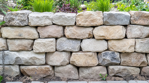 A sturdy stone retaining wall in a landscaped garden, featuring a variety of natural stones with greenery growing at the top.

