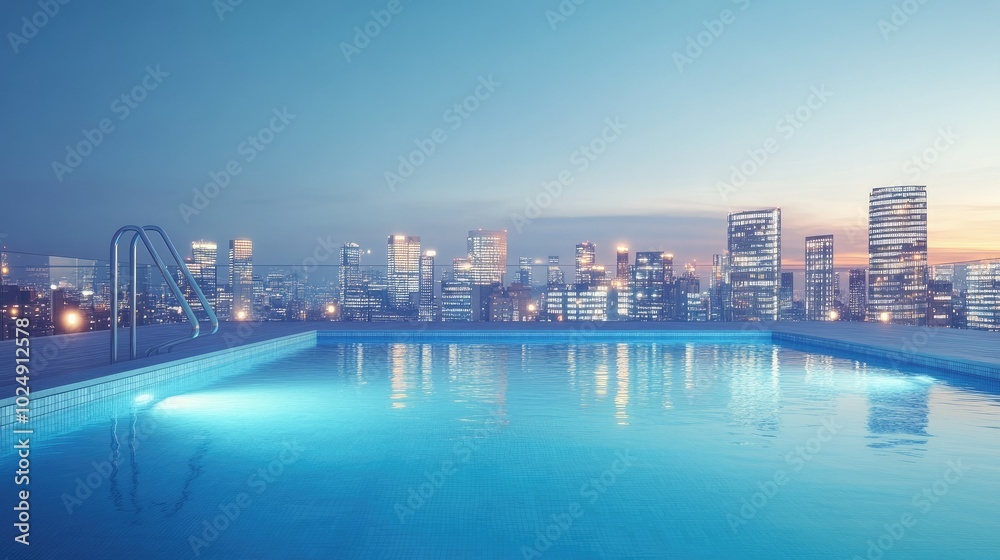 Rooftop swimming pool with a panoramic city view, calm water, no people, space for text Rooftop swimming pool with a panoramic city view, calm water, no people, space for text