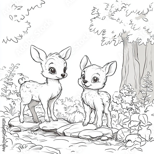 Two cute cartoon deer stand by a stream, surrounded by trees and plants, offering a charming, nature-inspired scene. Coloring book