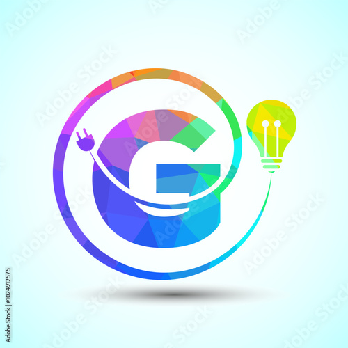 English alphabet G with electric bulb and plug. Low poly style electricity and technology logo