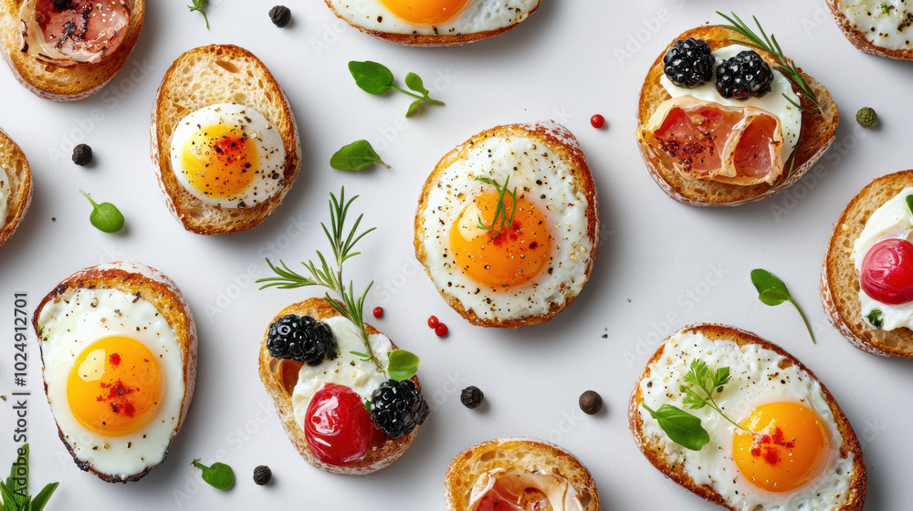 Egg-topped crostini with fresh herbs and berries create a vibrant culinary display, AI Egg-topped crostini with fresh herbs and berries create a vibrant culinary display, AI