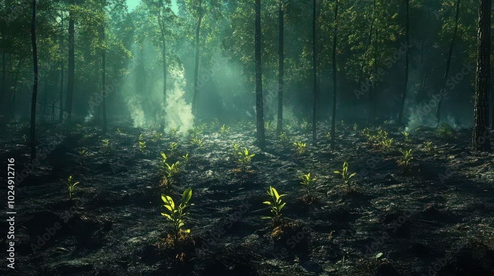 Obraz premium A regenerating forest with seedlings sprouting vividly against the scorched earth, captured in dramatic lighting and a highly detailed, realistic style.