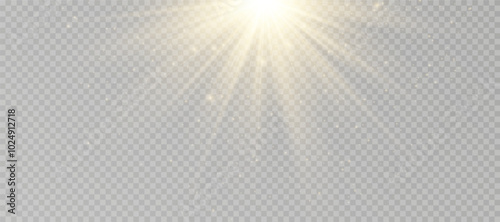 Yellow glowing light explodes on a transparent background. Sparkling magical dust particles. Bright Star. Transparent shining sun, bright flash. Vector sparkles.