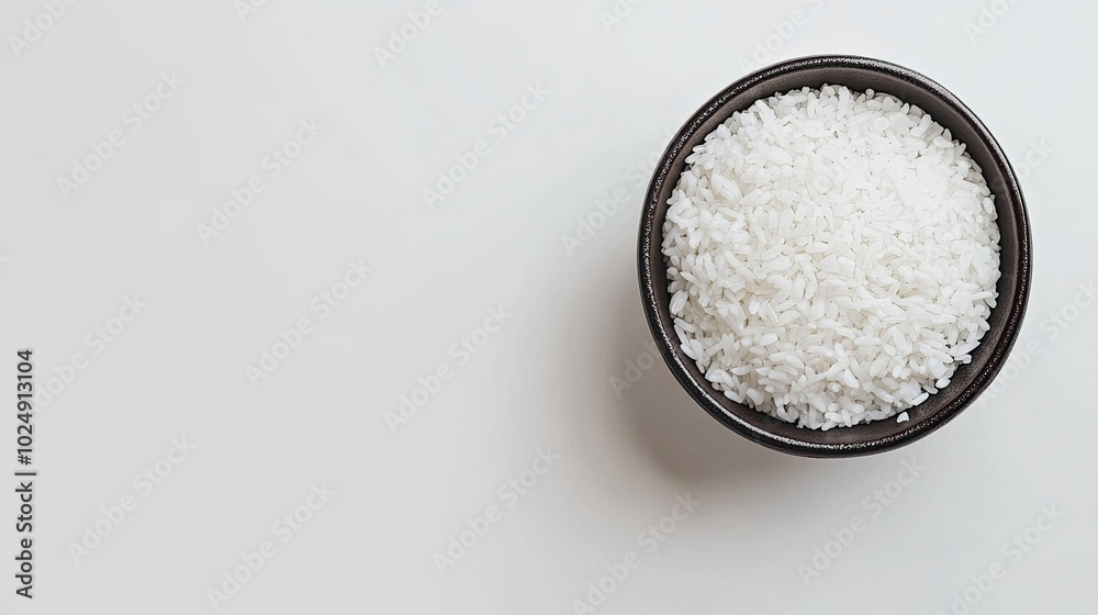 Simple bowl of sushi rice viewed from above on a flat surface, with ample copy space surrounding it Simple bowl of sushi rice viewed from above on a flat surface, with ample copy space surrounding it