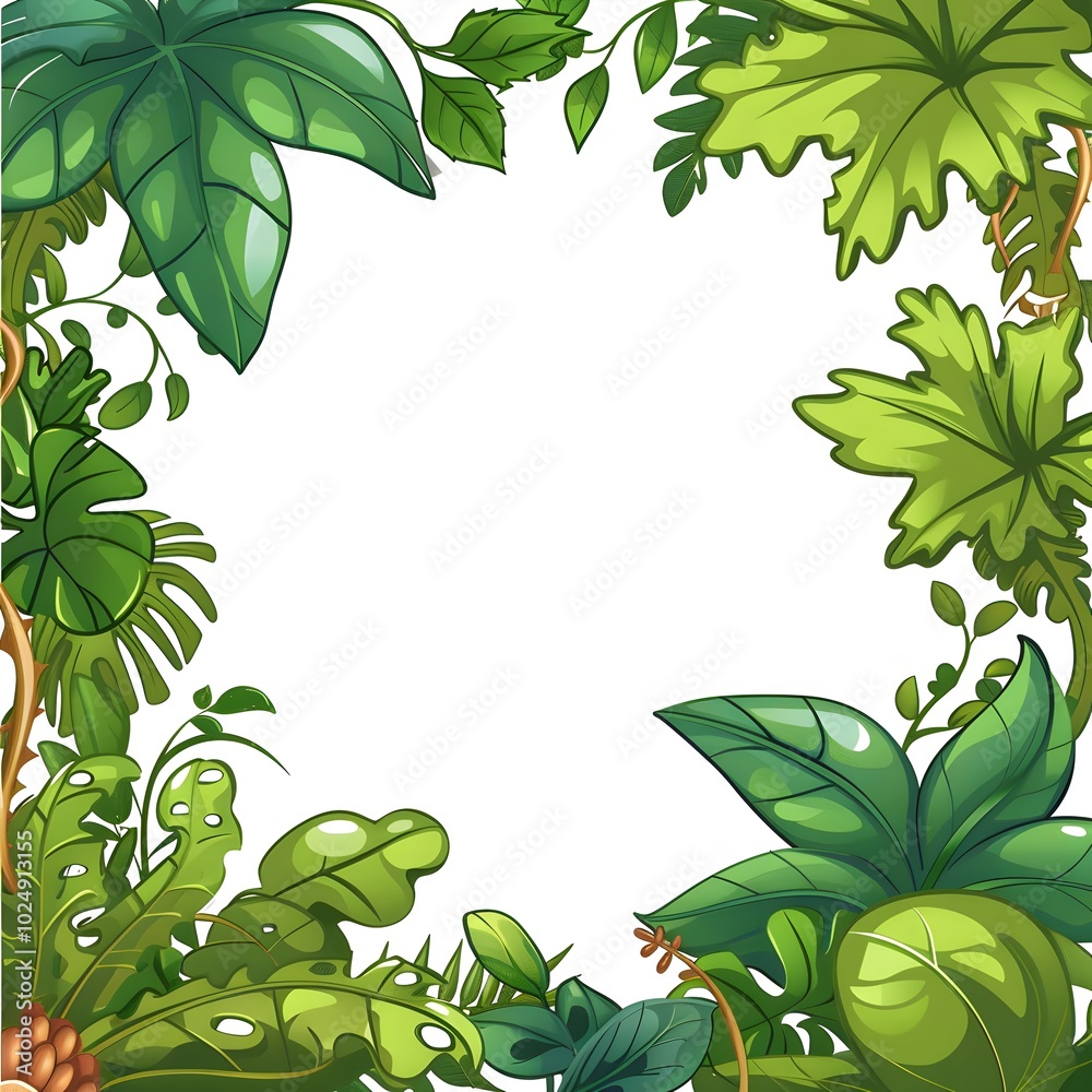 Whimsical Nature Frame: Cartoon Plants on a Bright White Background Whimsical Nature Frame: Cartoon Plants on a Bright White Background