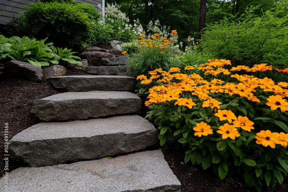 A serene garden pathway with stone steps and vibrant yellow flowers. A serene garden pathway with stone steps and vibrant yellow flowers.