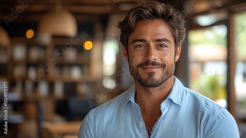 A handsome man with a beard smiles warmly at the camera in a casual setting.