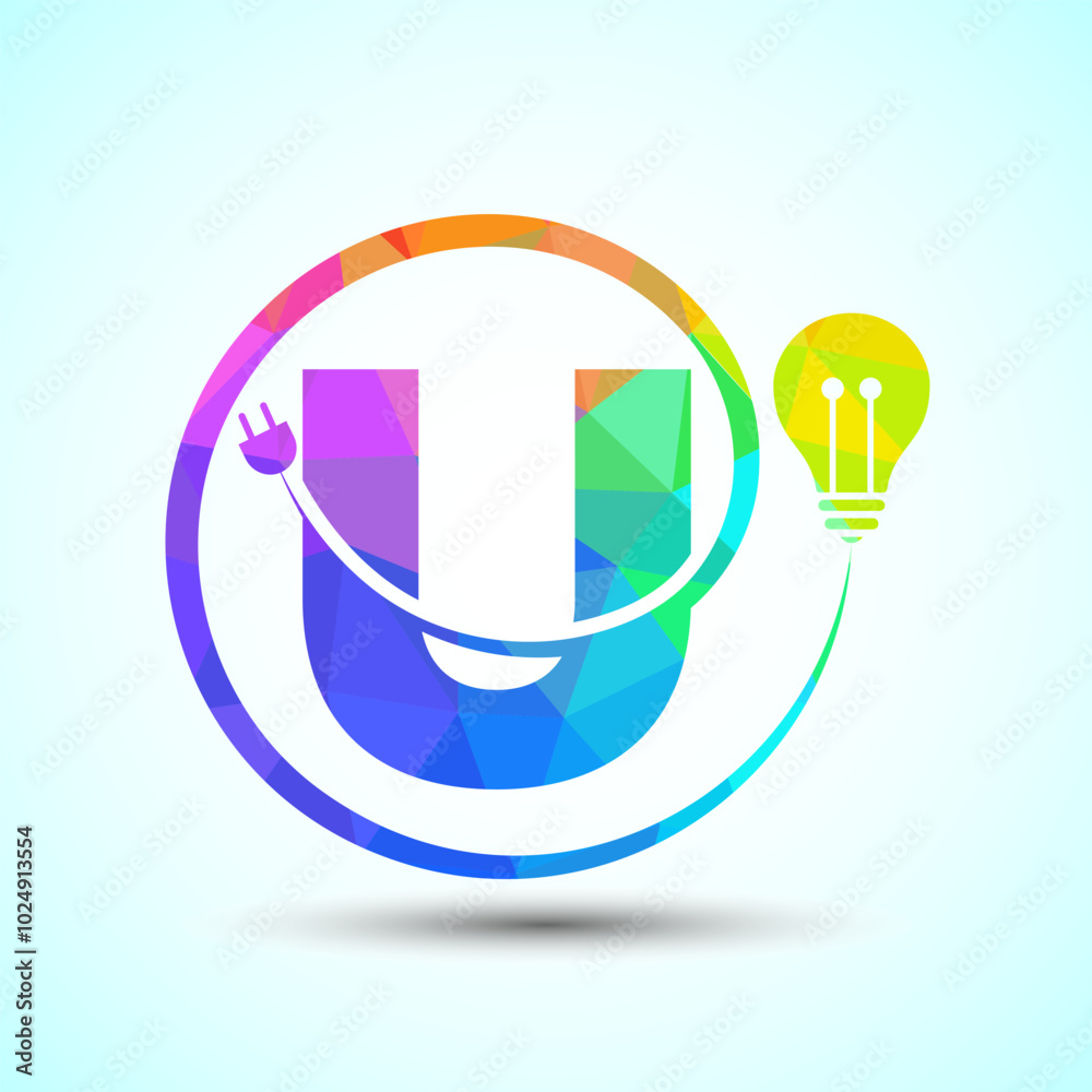 English alphabet U with electric bulb and plug. Low poly style electricity and technology logo English alphabet U with electric bulb and plug. Low poly style electricity and technology logo