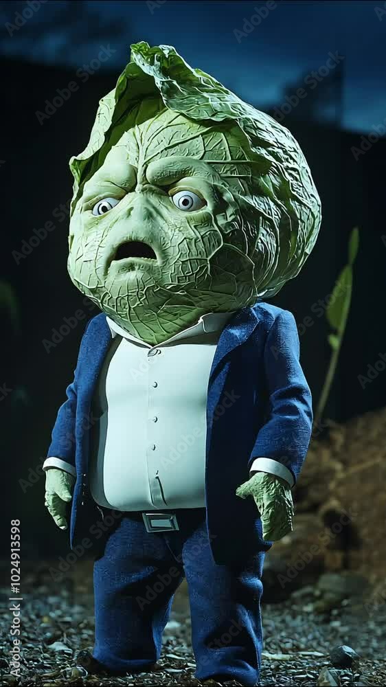 Cartoon character with a green head, resembling a wise turtle, wearing a suit, cabbage caracter
