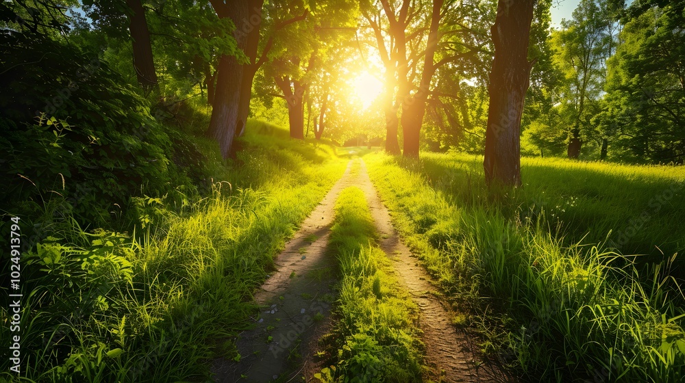 Obraz premium Tranquil Pathway: A Narrow Road Embraced by Lush Greenery and Trees