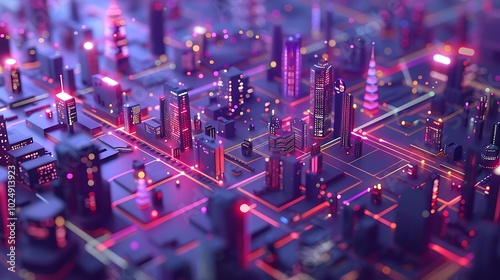 A vibrant, futuristic cityscape with glowing buildings and intricate pathways.