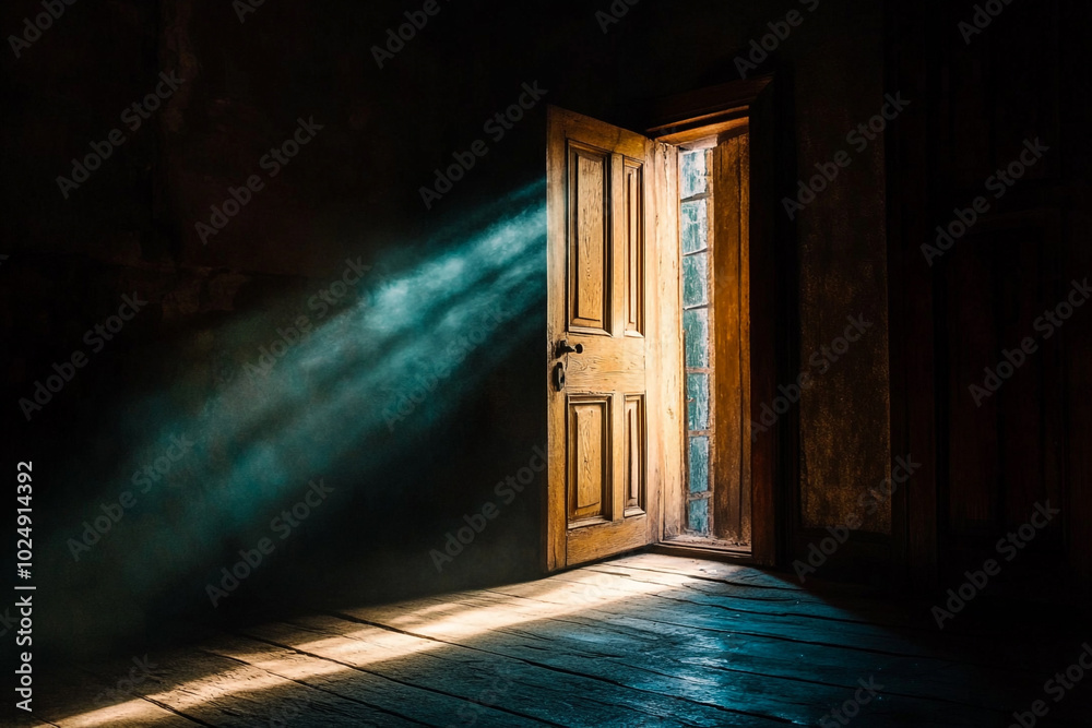 Obraz premium Open Door Illuminating a Dark Room: A Powerful Metaphor for Hope, Opportunity, and Overcoming Adversity
