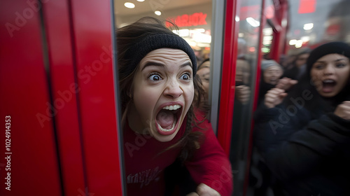 Excited crowd rushing through doors, expressing intense enthusiasm. photo