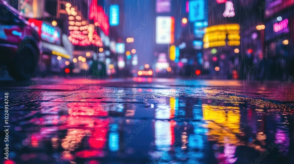A rainy city street with soft reflections of neon lights on wet pavement, creating a vibrant and moody scene. A rainy city street with soft reflections of neon lights on wet pavement, creating a vibrant and moody scene.