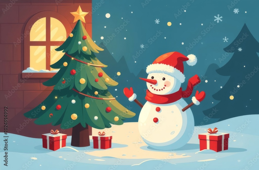 Snowman standing in the backyard of the house, christmas tree with gifts, snowfall, christmas, new year Snowman standing in the backyard of the house, christmas tree with gifts, snowfall, christmas, new year