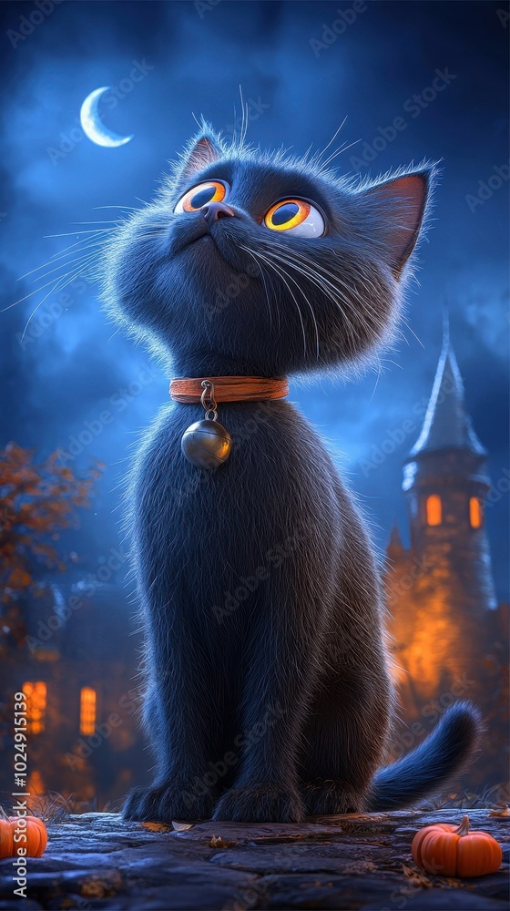 Cartoon cat as Dracula, haunted castle backdrop, Halloween Cartoon cat as Dracula, haunted castle backdrop, Halloween