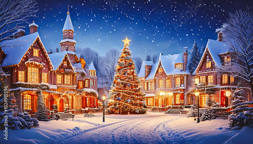 snowy village in night with houses, christmas tree with christmas bokeh lights, lanterns and illuminated houses. 3D-Illustration holiday illumination and decoration concept