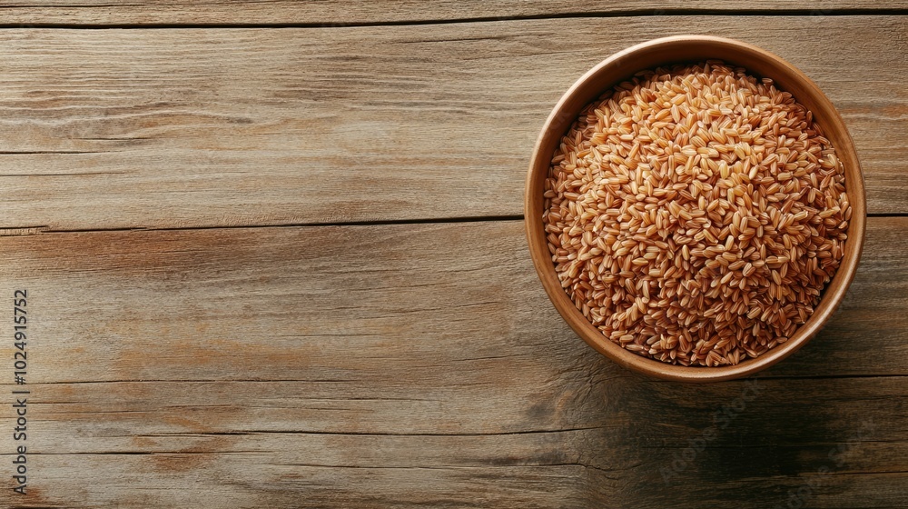 Top view of brown rice in a bowl, placed on a wooden table with plenty of copy space available Top view of brown rice in a bowl, placed on a wooden table with plenty of copy space available