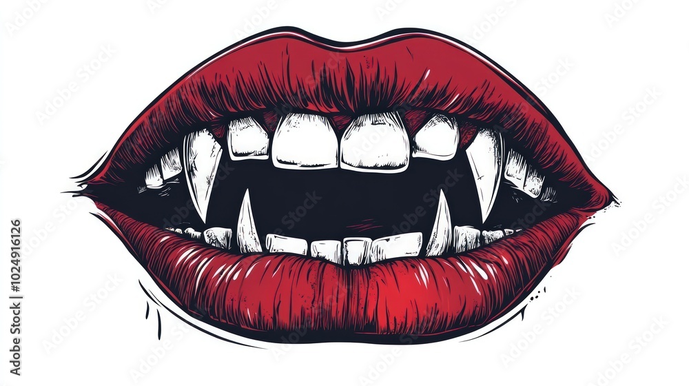 A hand-drawn illustration of a vampire mouth with sharp fangs and red lipstick. A hand-drawn illustration of a vampire mouth with sharp fangs and red lipstick.
