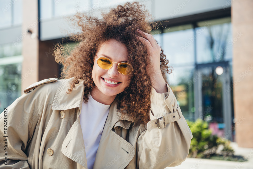 Fototapeta premium Photo of adorable nice girl dressed stylish beige clothes city megapolis autumn season sunny weather outdoors