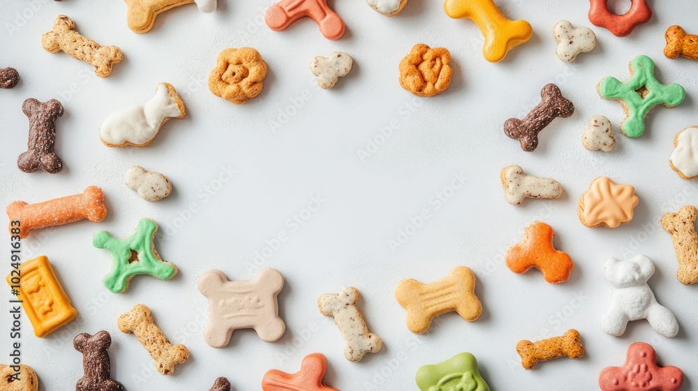 Top view of dog treats and fun toys laid out on a white surface, with plenty of room for design or messaging Top view of dog treats and fun toys laid out on a white surface, with plenty of room for design or messaging
