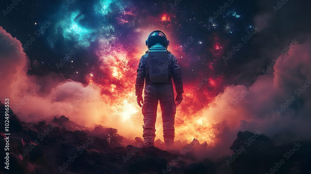 Astronaut gazing at a vibrant cosmic landscape. Astronaut gazing at a vibrant cosmic landscape.
