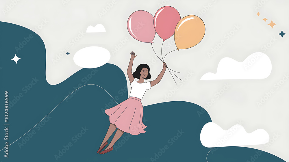 Happy woman in pink flying with balloons against a blue and white background, joyful celebration concept.
Happy woman in pink flying with balloons against a blue and white background, joyful celebration concept.