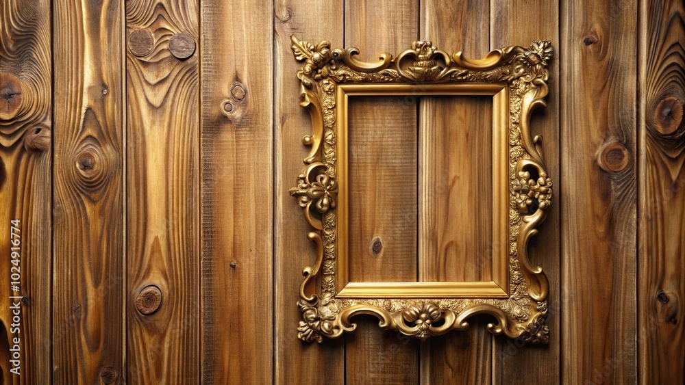Ornamental wooden gold frame hanging on wood wall Ornamental wooden gold frame hanging on wood wall