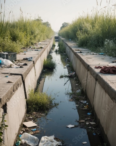 Pollution in Abandoned Canal with Litter and Vegetation. photo