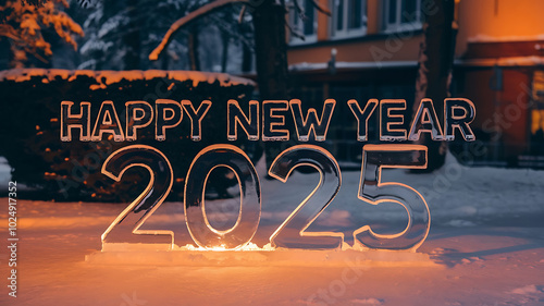 Ice sculpture of "Happy New Year 2025" in a snowy landscape with warm light, celebrating the new year. 