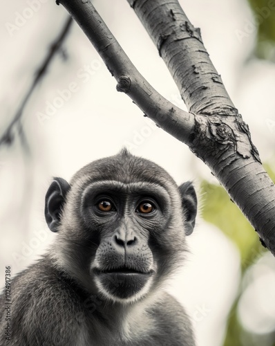 A tight shot of a monkey's face with a nearby tree branch in sharp focus and a softly blurred background. photo