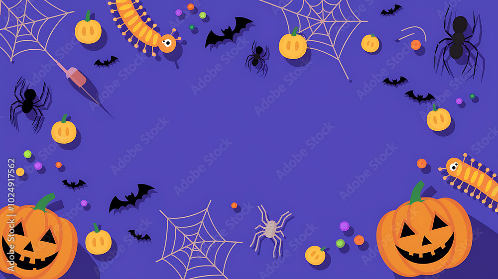 Fototapeta premium Purple background Halloween pumpkins and spiders cute spooky festive design. 