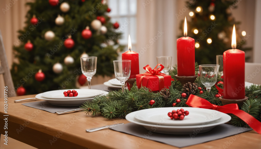 Festive Christmas table setting with red candles and gift box amidst holiday decorations Festive Christmas table setting with red candles and gift box amidst holiday decorations