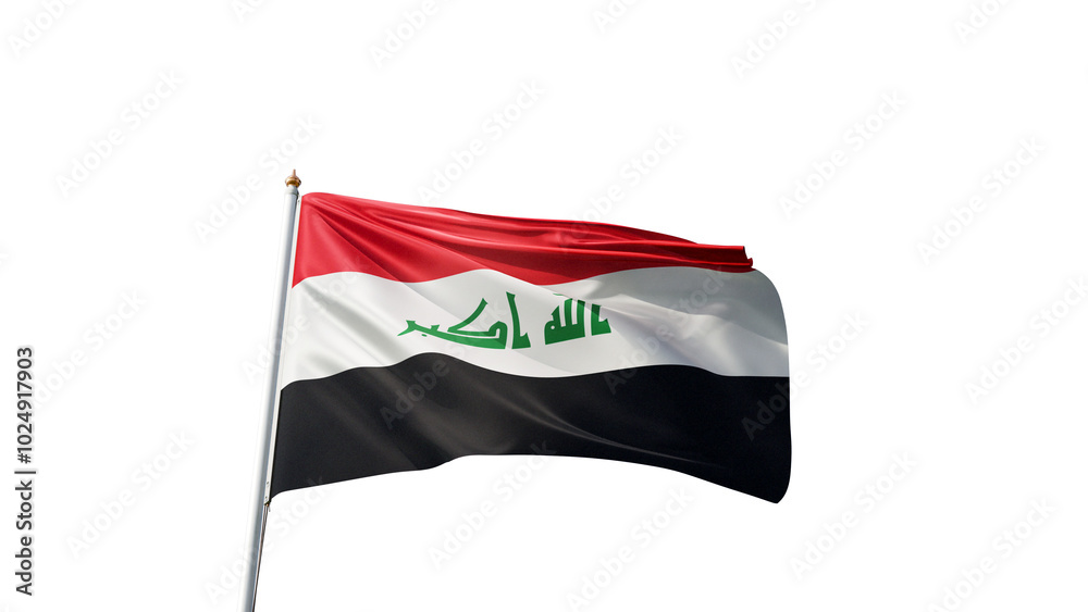 Naklejka premium Flag of Irak with no background, transparent png, flag on a flag pole waving in the wind, middle east country, national symbol of Irak, picture of a flag