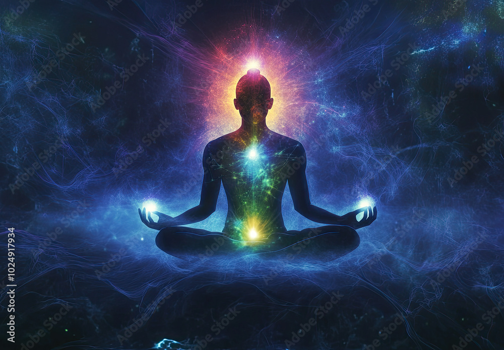 A person meditating with their aura glowing around them, symbolizing the connection between mind and body in a healing meditation A person meditating with their aura glowing around them, symbolizing the connection between mind and body in a healing meditation