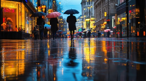 Wallpaper Mural A rainy street scene with people walking under umbrellas, the wet pavement reflecting the light from nearby buildings. Torontodigital.ca