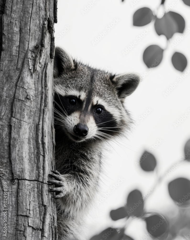 A tight shot of a raccoon peeking out from a tree trunk with its head exposed. A tight shot of a raccoon peeking out from a tree trunk with its head exposed.