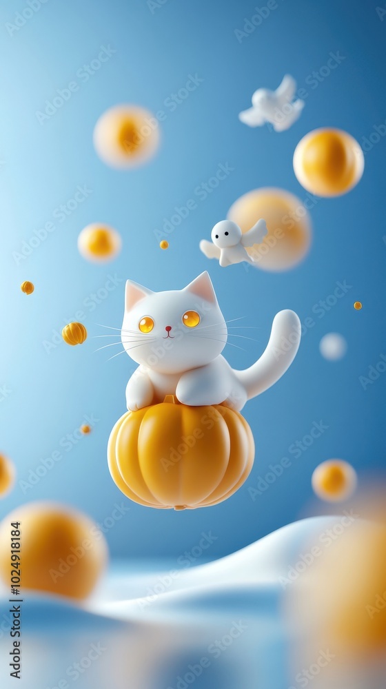 Obraz premium Ghostly cat, floating with pumpkin, cartoon spooky style