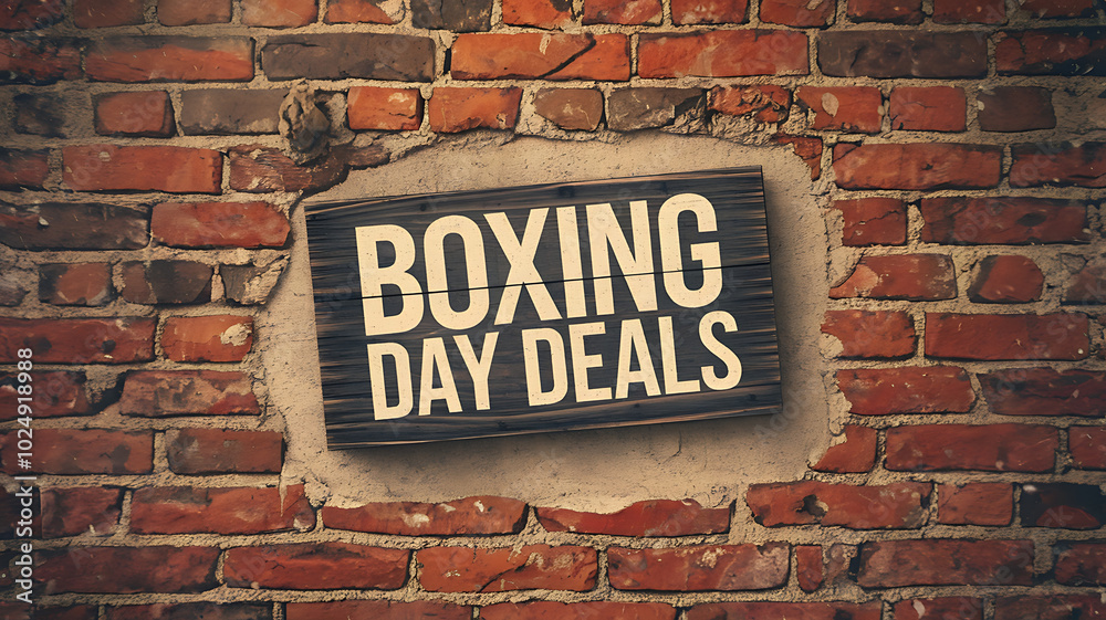Rustic wooden sign with white text on brick wall, Boxing Day deals, holiday shopping.
Rustic wooden sign with white text on brick wall, Boxing Day deals, holiday shopping.