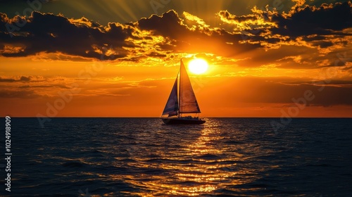 A sailboat silhouetted against a glowing sunset on the open sea, with warm golden light reflecting on the water.