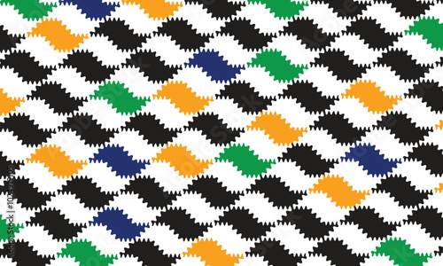 Vibrant Geometric Sao Paulo Sidewalk Pattern. Bold Black, Green, Yellow, and Blue Color Scheme with Playful Wavy Details, Brazilian Cityscape Inspired Design for Prints, Fashion, and Home Decor