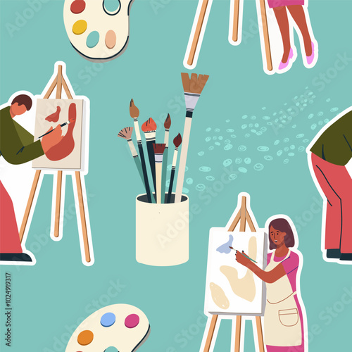 Seamless pattern with art supplies, hand drawn style. Art workshop, fine art, hobby, pastime. Trendy modern vector illustration, flat design.